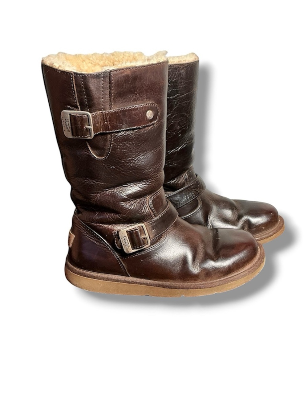 UGG Kensington 5678 Brown Leather Shearling Lined Buckle Moto Boots Women’s 7